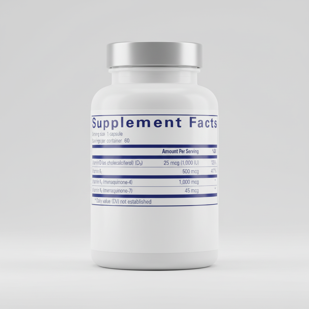 Supplement facts label with vitamins and their amounts per serving