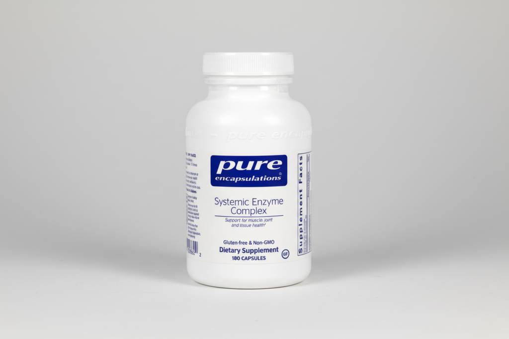 White supplement bottle labeled 'pure encapsulations' on a white background