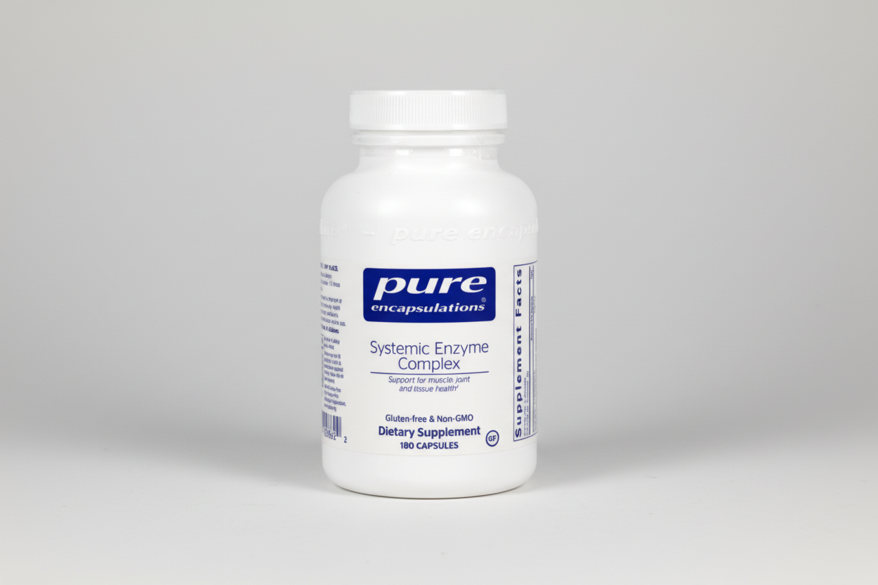 White supplement bottle labeled 'pure encapsulations' on a white background