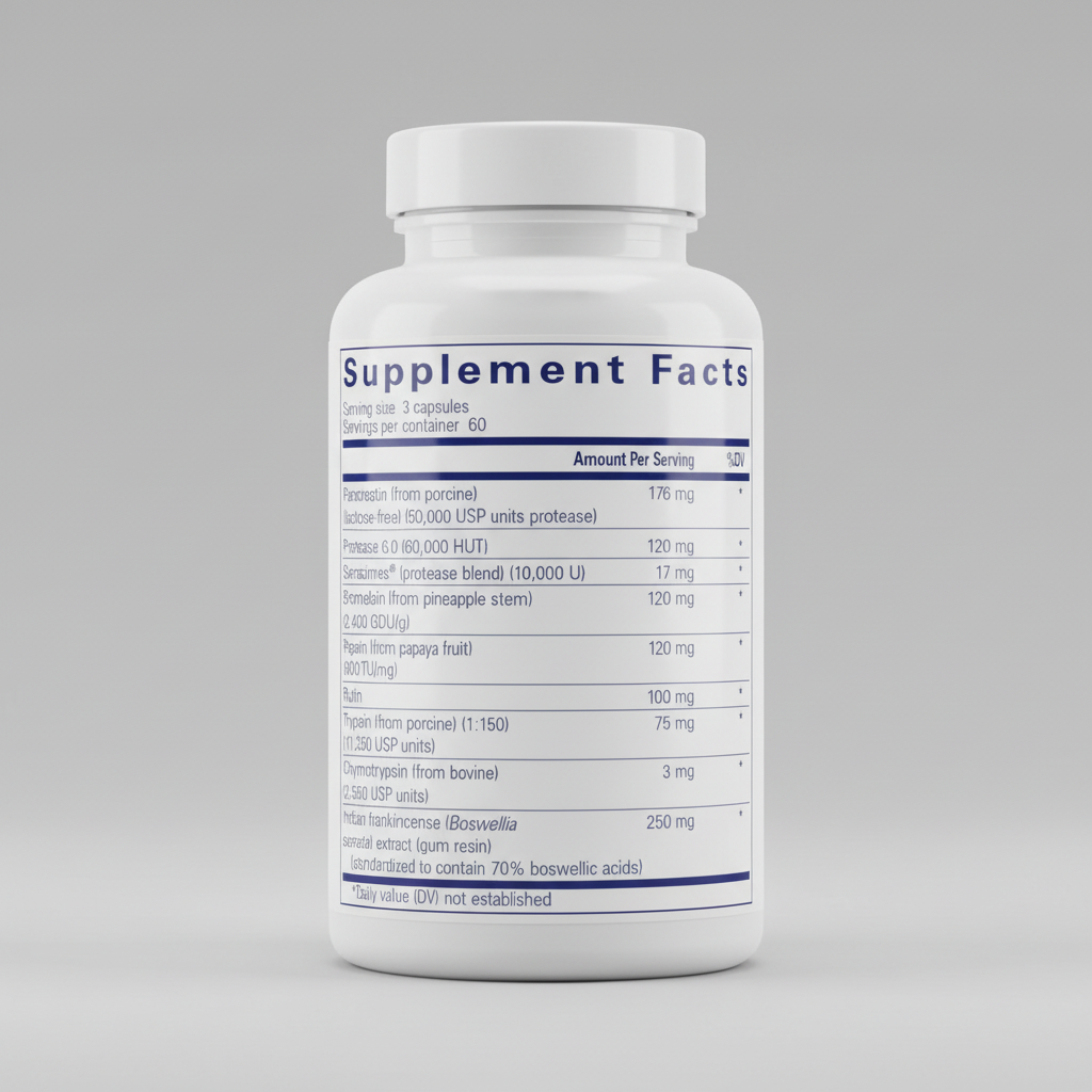 Supplement facts label with various enzymes and their amounts per serving