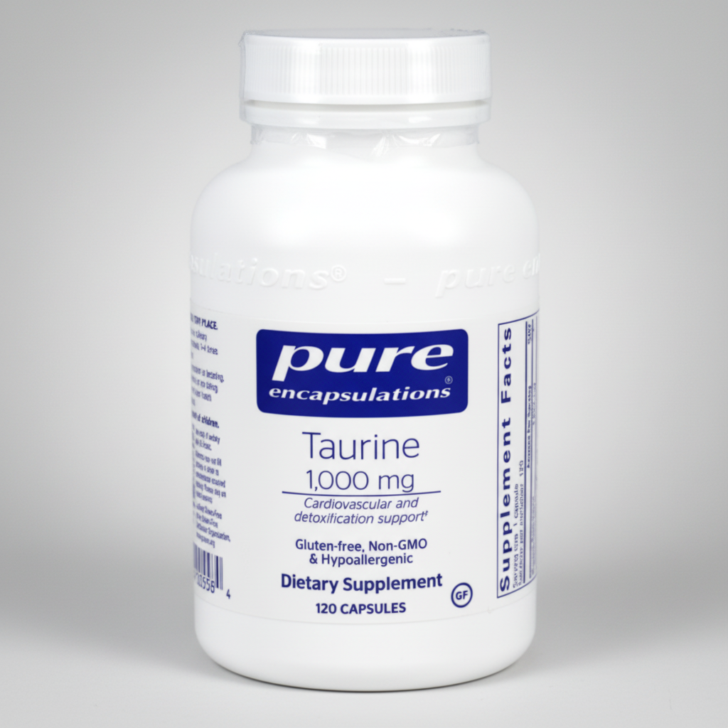 White supplement bottle labeled 'pure encapsulations Taurine 1,000 mg' on a white background