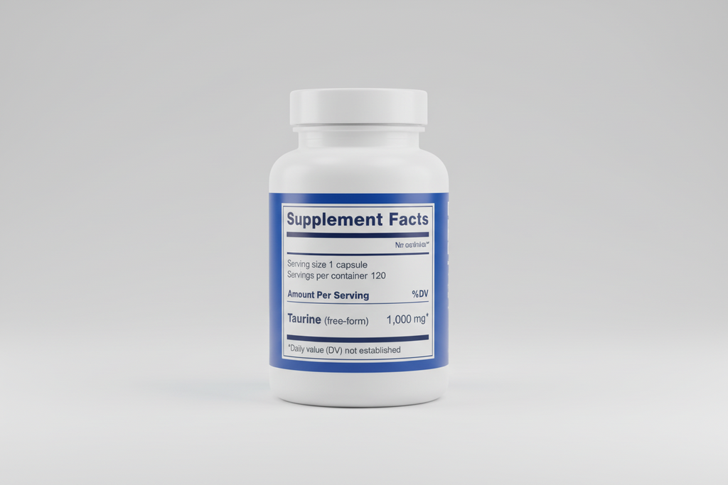 Supplement facts label for a product containing taurine with serving size and container details.