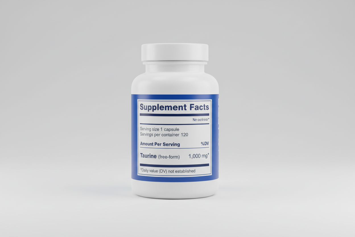 Supplement facts label for a product containing taurine with serving size and container details.