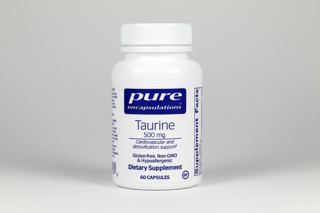 Supplement bottle labeled 'pure encapsulations Taurine 500 mg' on a white background