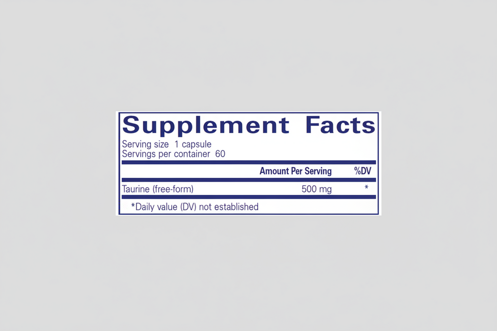 Supplement facts label with taurine content on a blue background