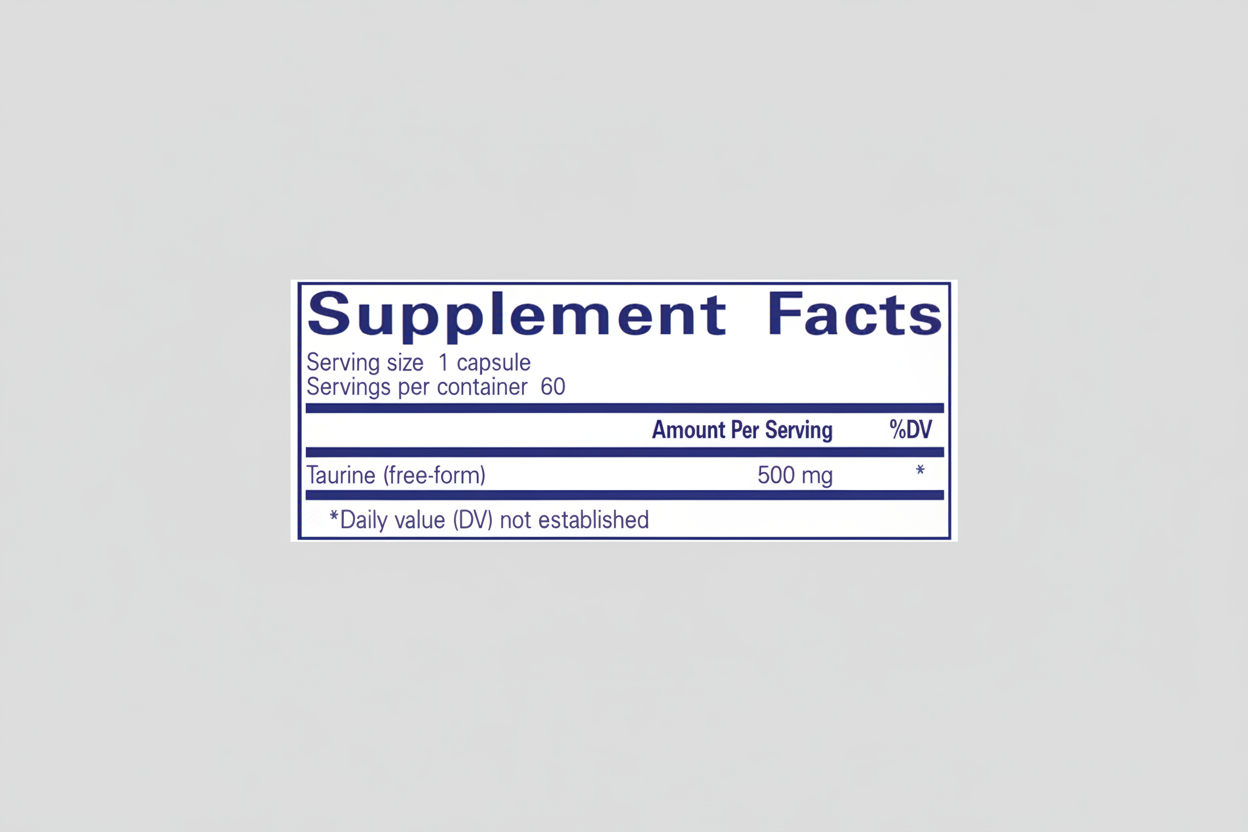 Supplement facts label with taurine content on a blue background