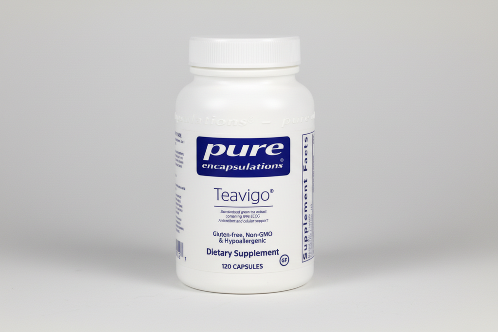 White supplement bottle labeled 'Teavigo' by Pure Encapsulations on a white background