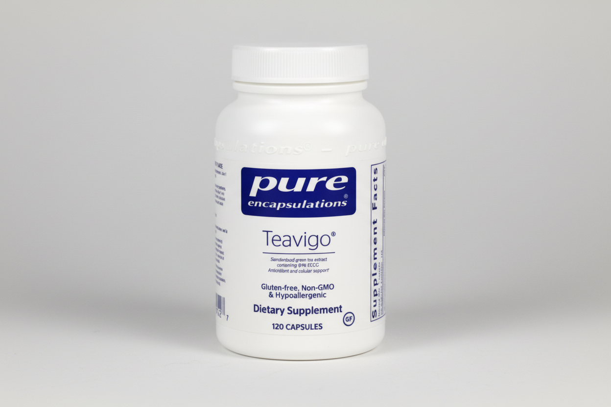 White supplement bottle labeled 'Teavigo' by Pure Encapsulations on a white background