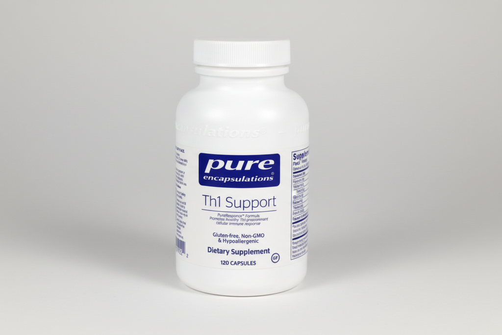 Supplement bottle labeled 'Th1 Support' by Pure Encapsulations on a white background