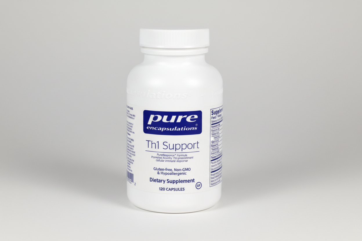 Supplement bottle labeled 'Th1 Support' by Pure Encapsulations on a white background