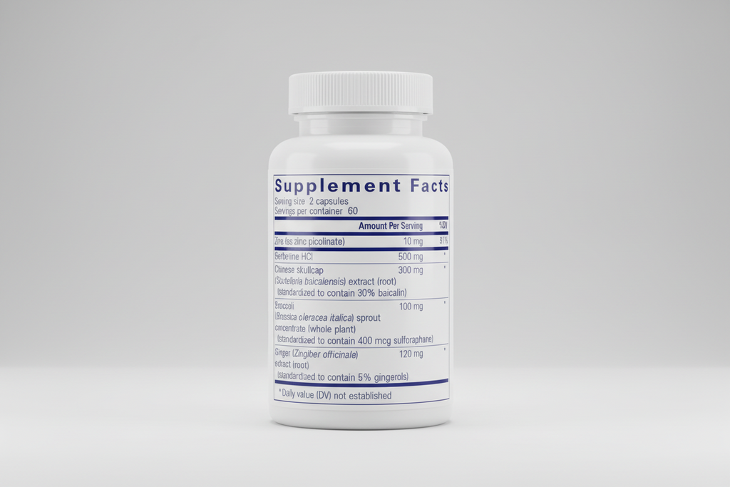 Supplement facts label with various ingredients and their amounts per serving