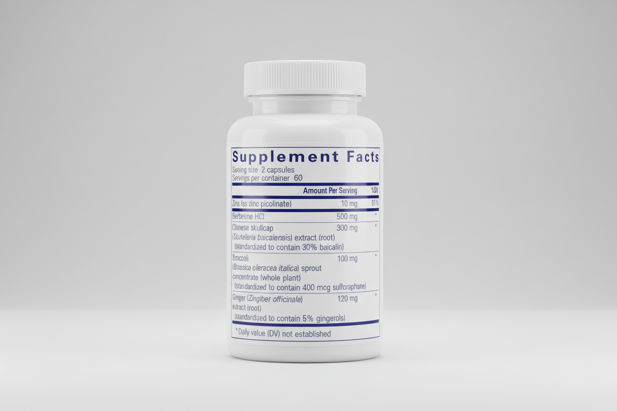 Supplement facts label with various ingredients and their amounts per serving