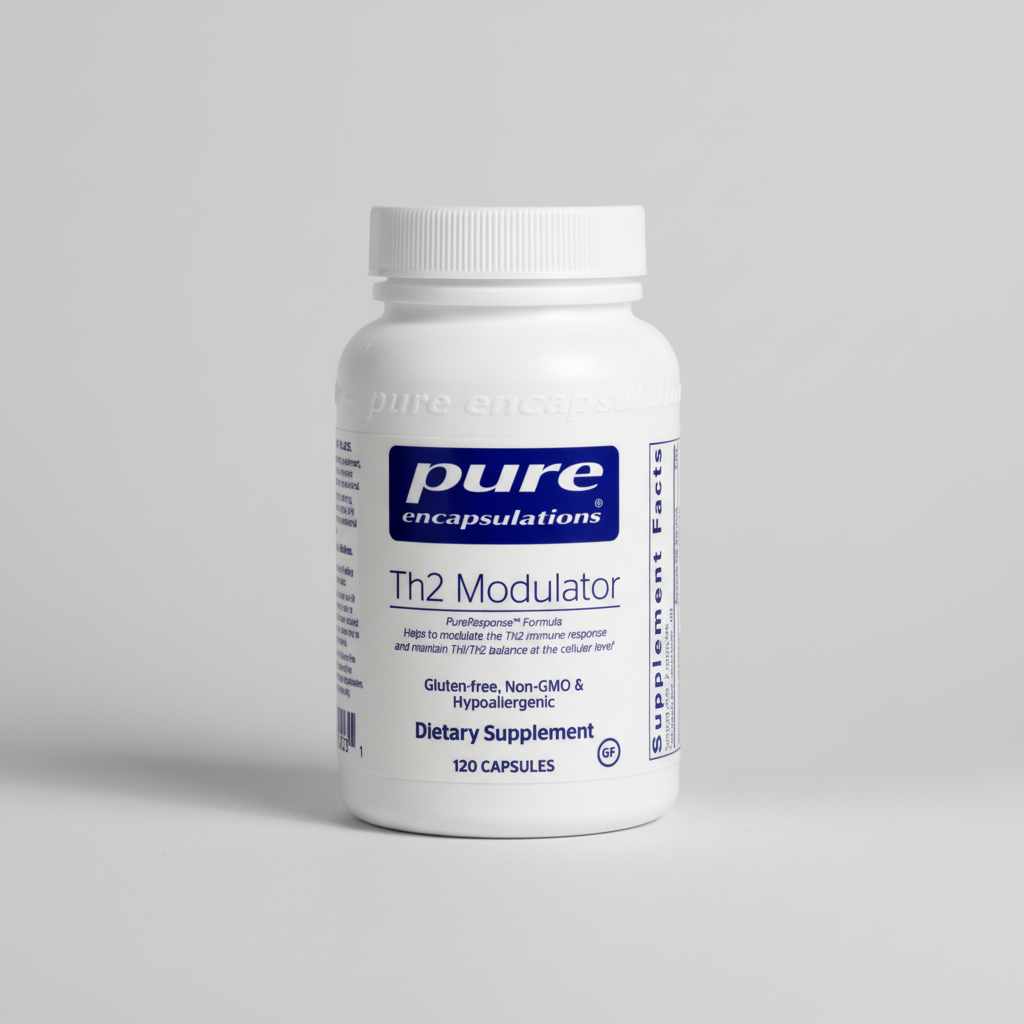 Supplement bottle labeled 'pure encapsulations Th2 Modulator' on a white background