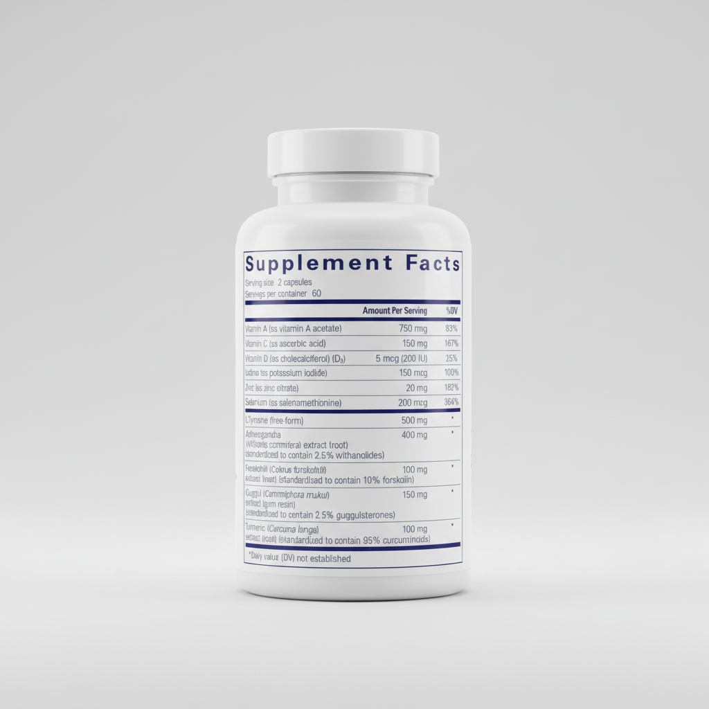 Supplement facts label with detailed nutritional information on a blue background