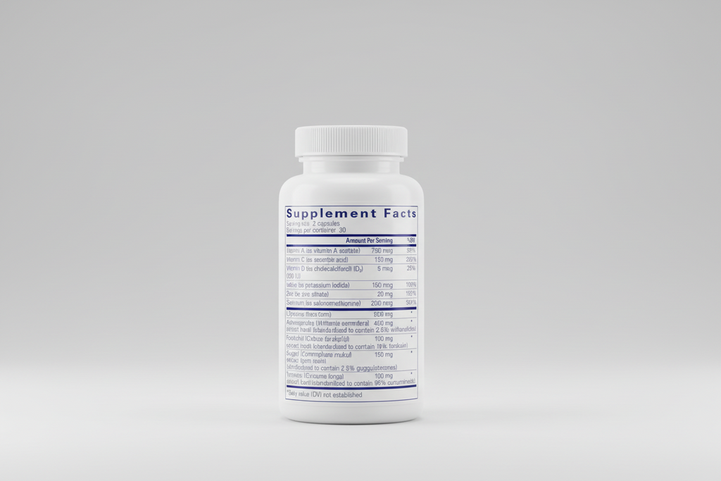 Supplement facts label with various vitamins and minerals listed on a blue background