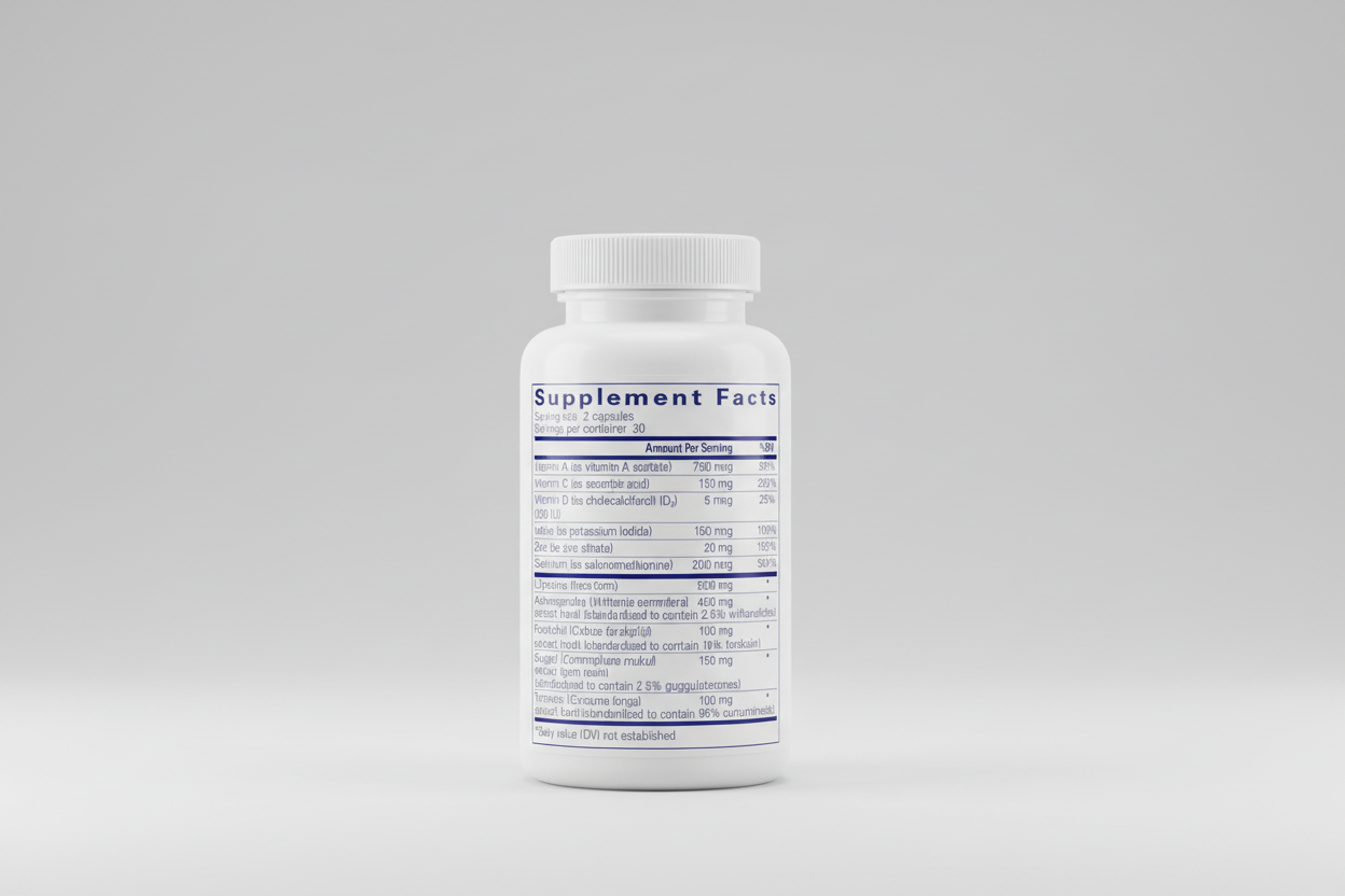 Supplement facts label with various vitamins and minerals listed on a blue background