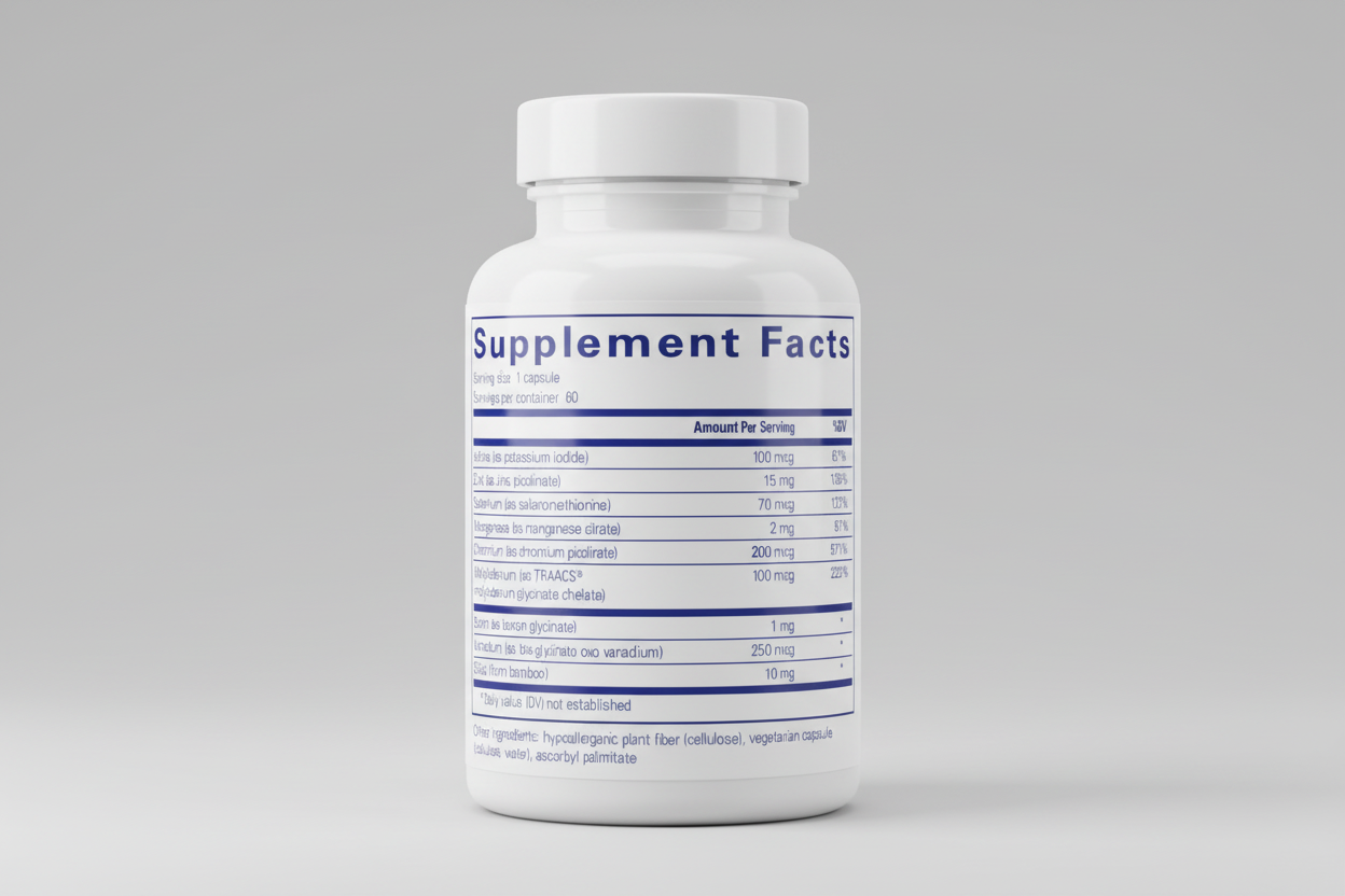 Supplement facts label with various nutrients and their amounts per serving.