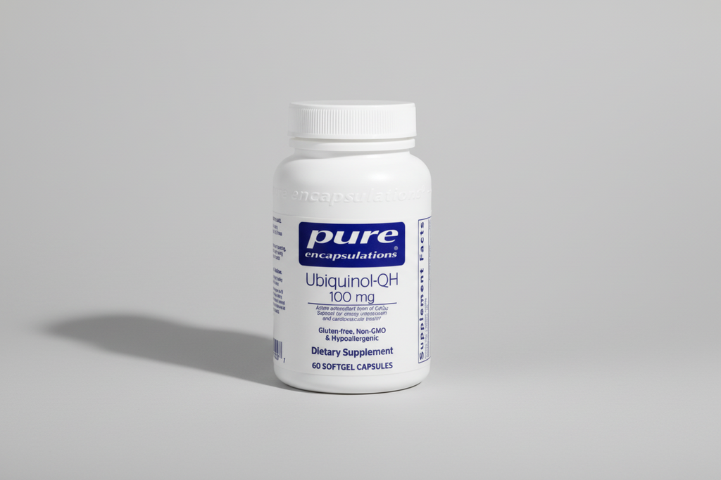 Supplement bottle labeled 'pure encapsulations Ubiquinol-QH 100 mg' on a white background