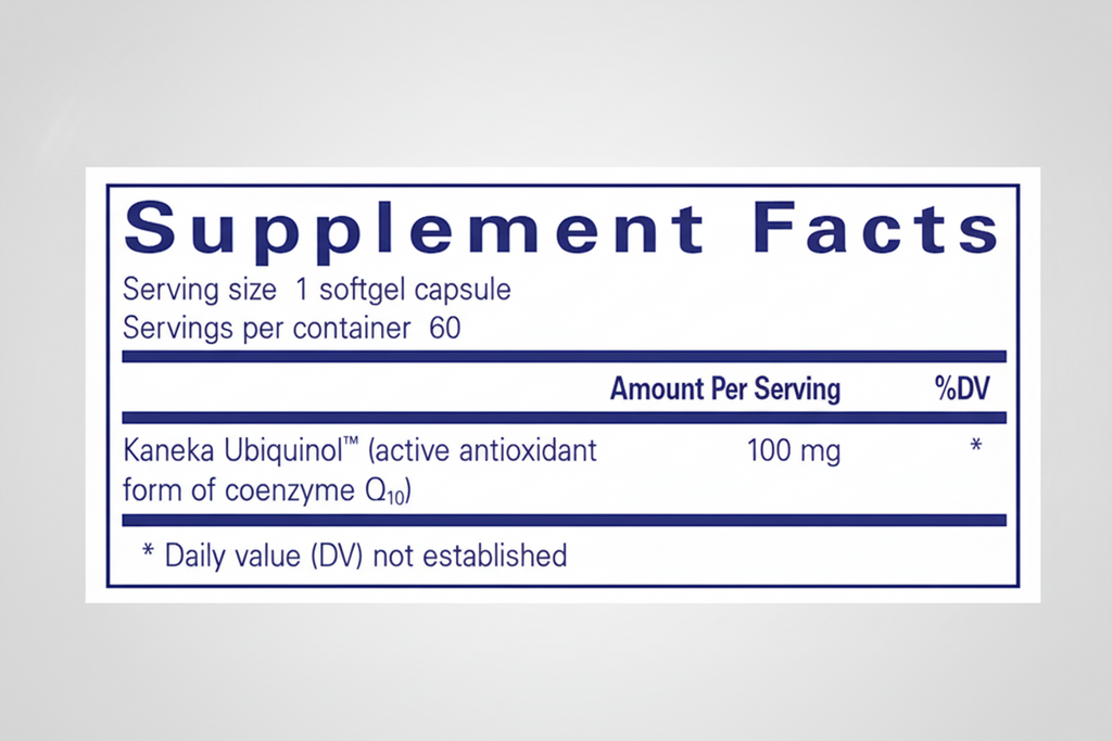 Supplement facts label with Kaneka Ubiquinol and coenzyme Q10 on a blue background