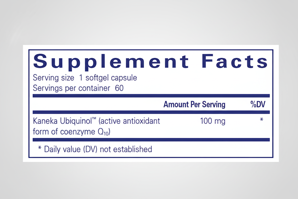 Supplement facts label with Kaneka Ubiquinol and coenzyme Q10 on a blue background