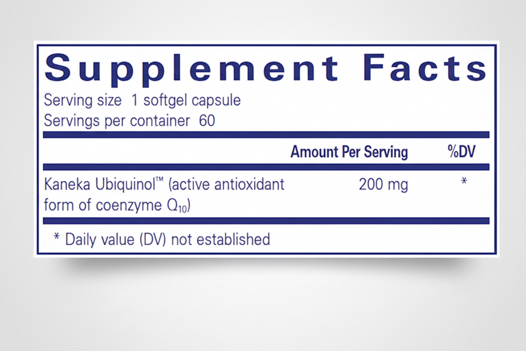 Supplement facts label with Kaneka Ubiquinol on a blue background