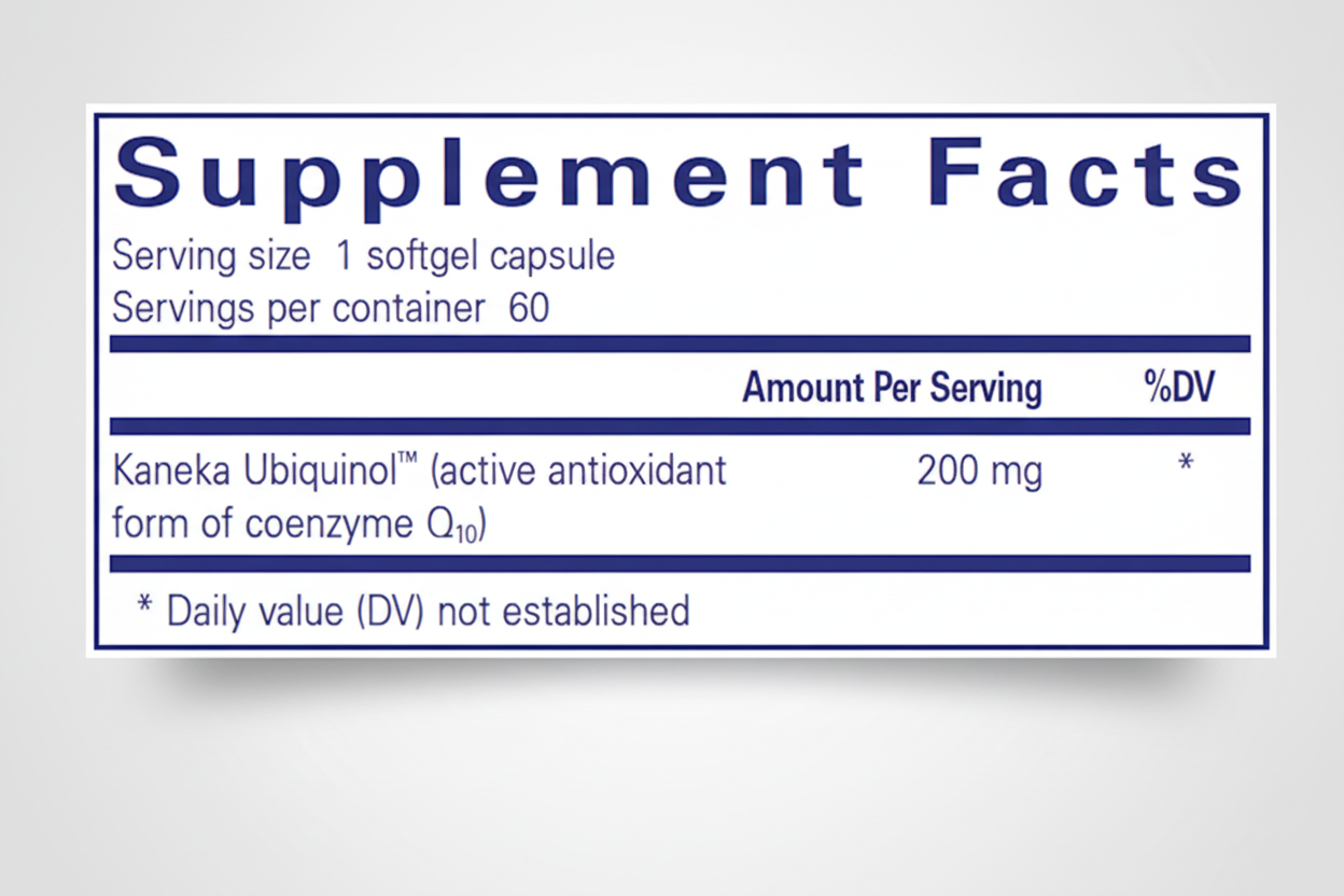 Supplement facts label with Kaneka Ubiquinol on a blue background