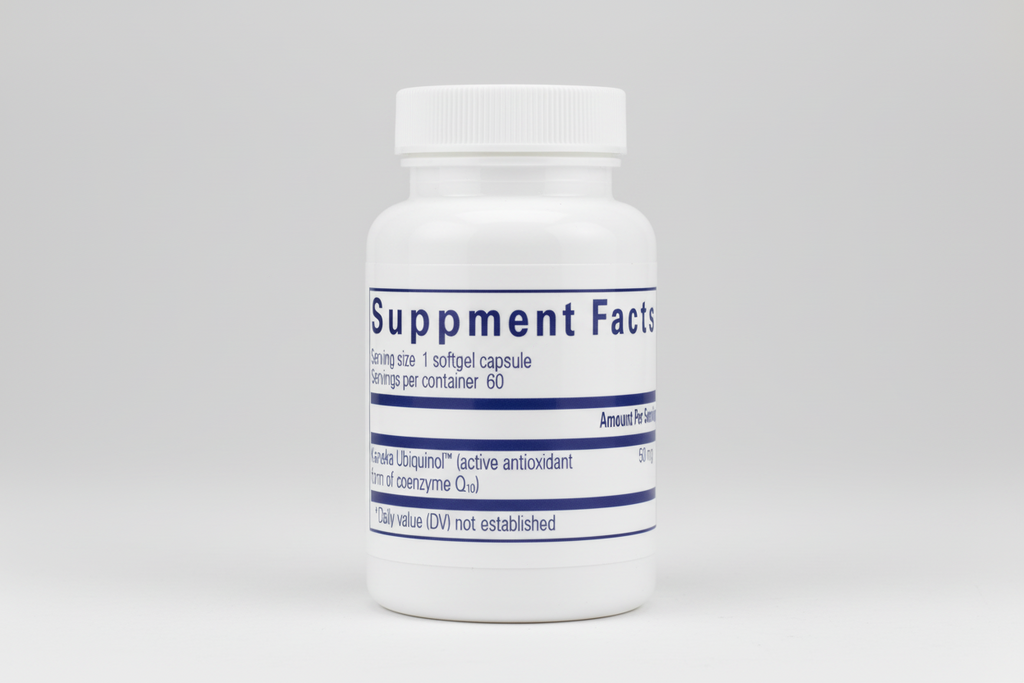 Supplement facts label with Kaneka Ubiquinol on a blue background
