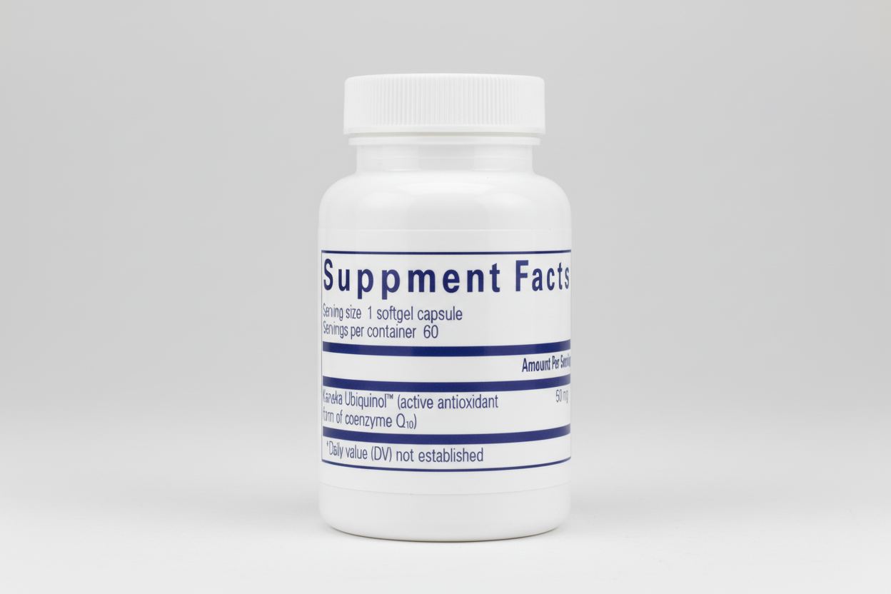 Supplement facts label with Kaneka Ubiquinol on a blue background
