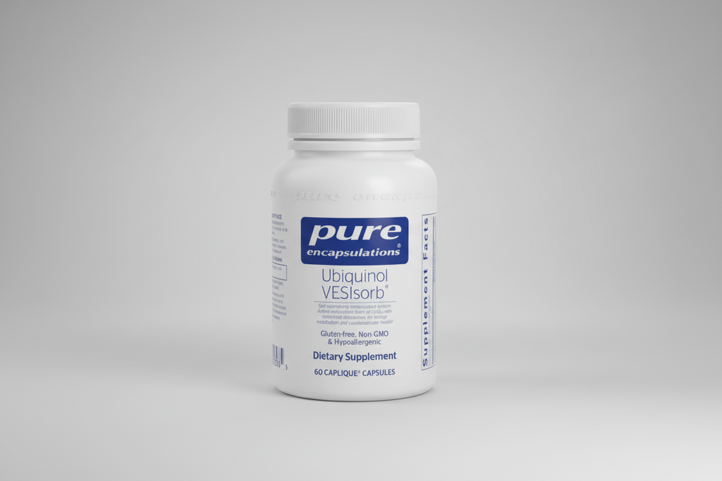 Supplement bottle labeled 'pure encapsulations Ubiquinol VESIsorb' on a white background