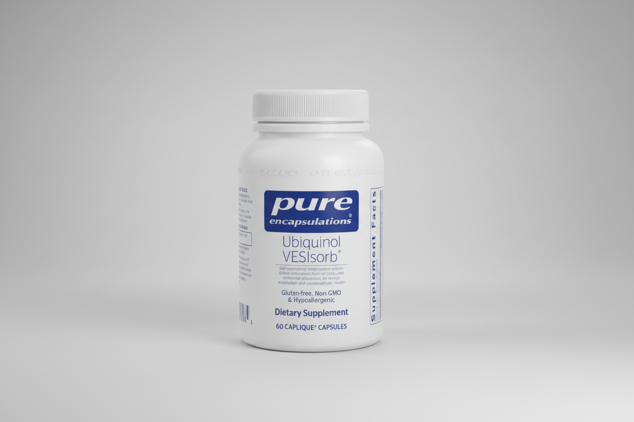 Supplement bottle labeled 'pure encapsulations Ubiquinol VESIsorb' on a white background