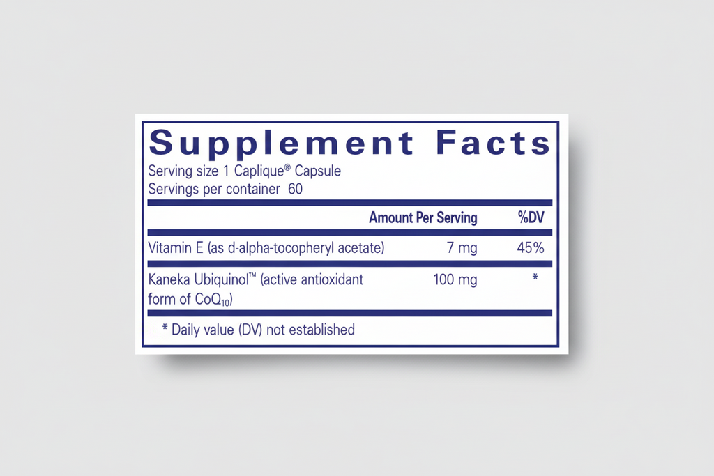 Supplement facts label with vitamins E and Ubiquinol on a blue background