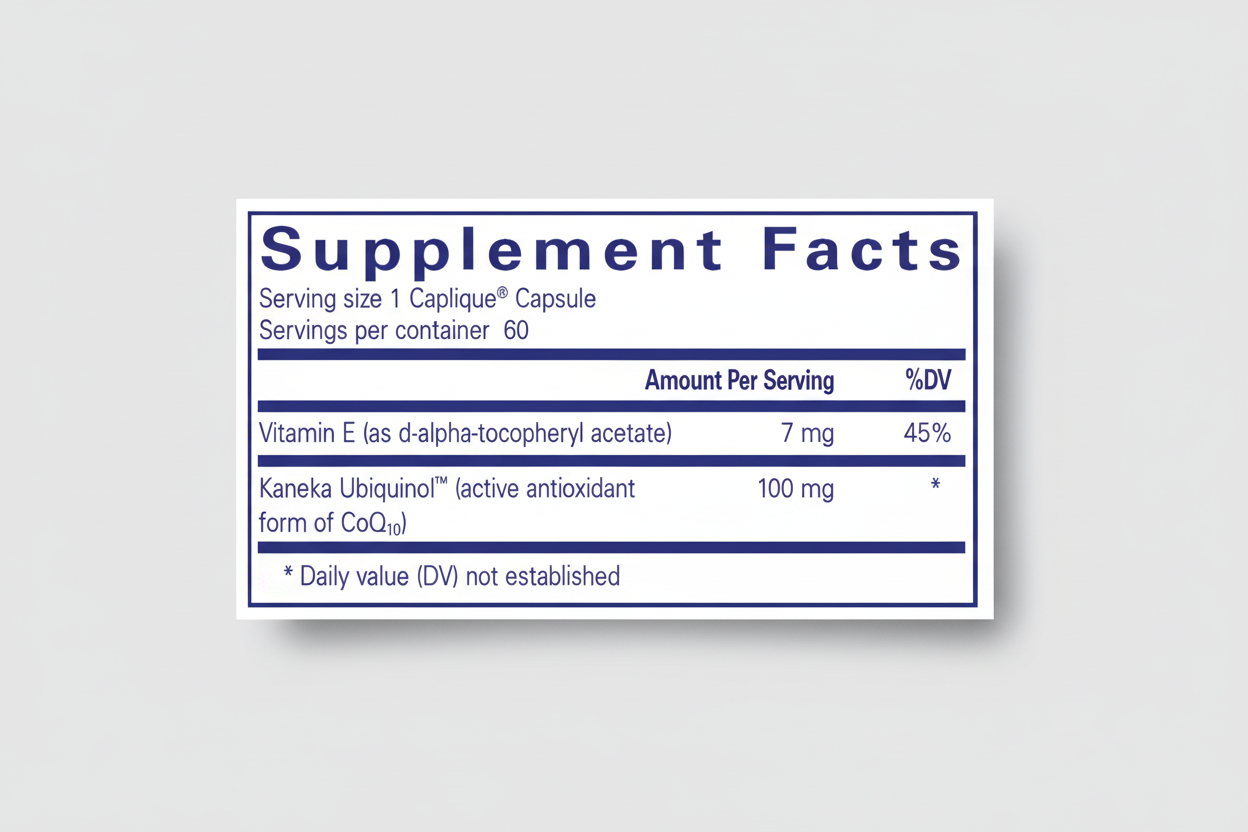 Supplement facts label with vitamins E and Ubiquinol on a blue background