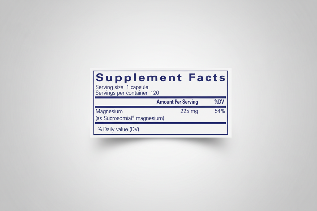 Supplement facts label for a magnesium supplement capsule with serving size and container details.