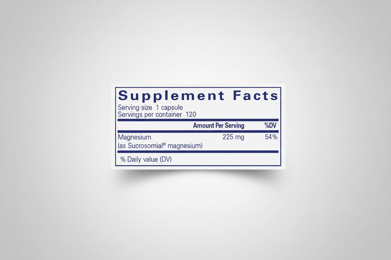 Supplement facts label for a magnesium supplement capsule with serving size and container details.