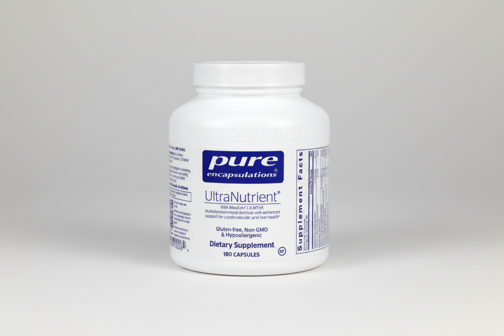 White supplement bottle labeled 'pure encapsulations UltraNutrient' on a white background