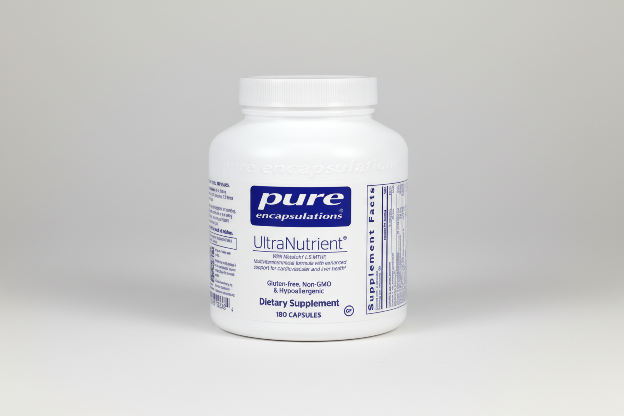 White supplement bottle labeled 'pure encapsulations UltraNutrient' on a white background