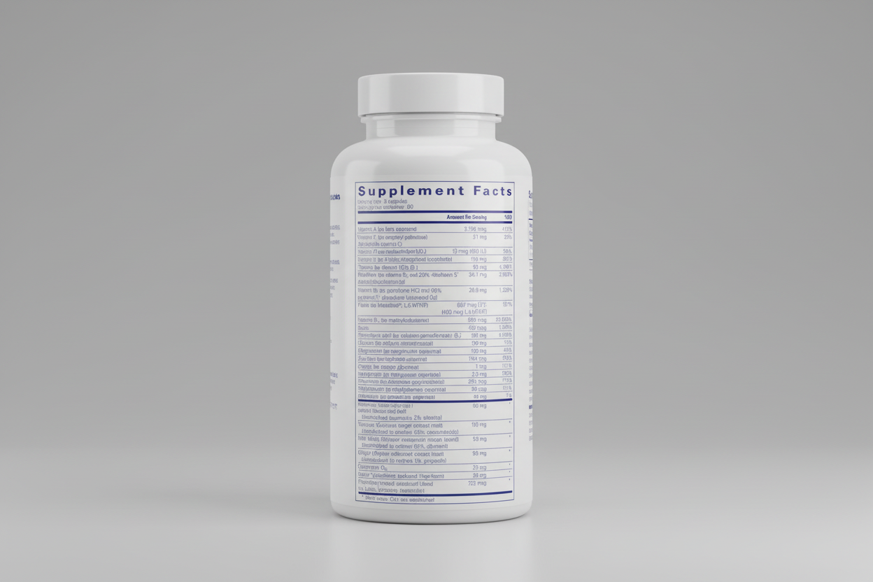 Supplement facts label with detailed nutritional information on a white background