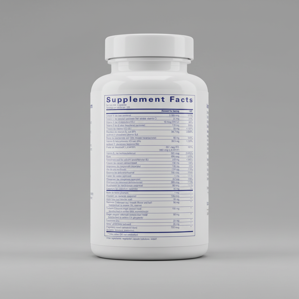 Supplement facts label with detailed nutritional information