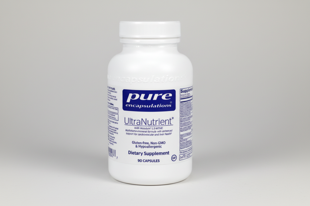 Supplement bottle labeled 'pure encapsulations UltraNutrient' on a white background