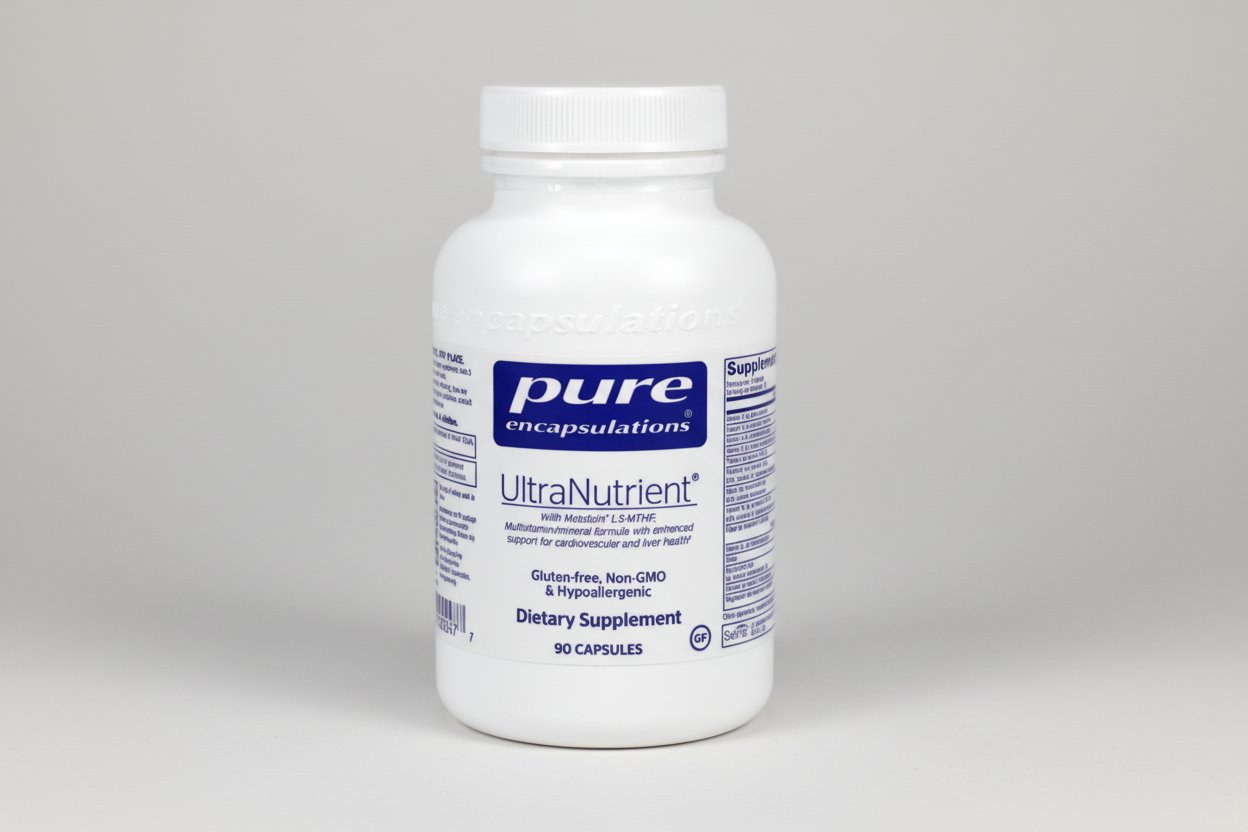 Supplement bottle labeled 'pure encapsulations UltraNutrient' on a white background