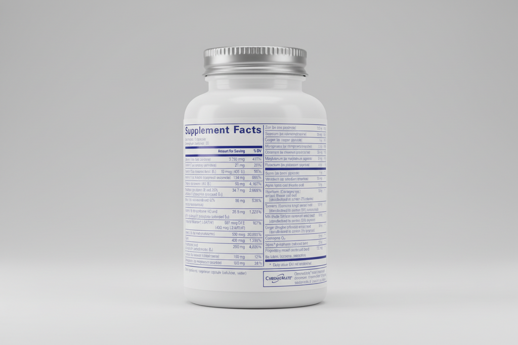 Supplement facts label with detailed nutritional information on a blue background