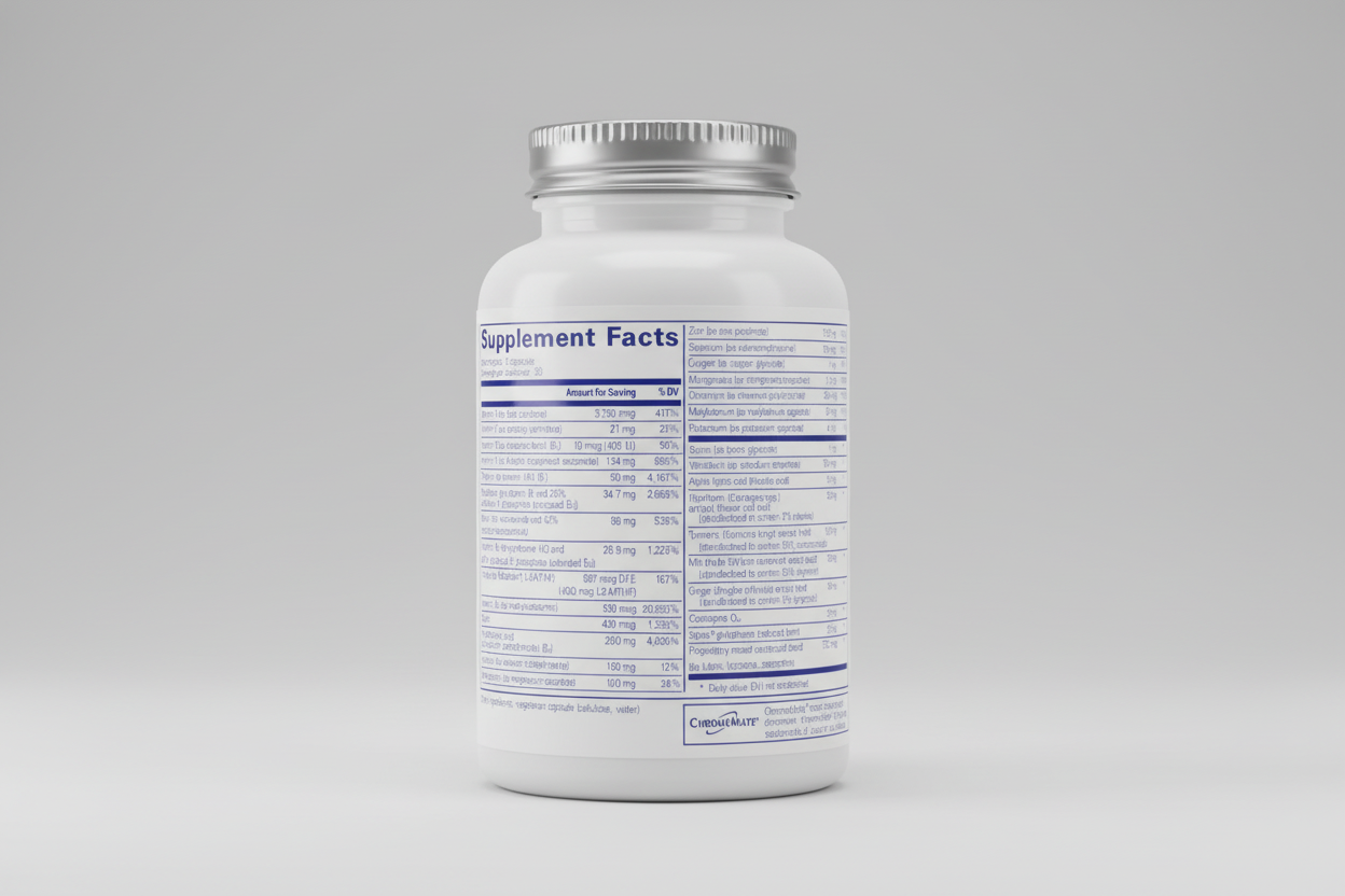 Supplement facts label with detailed nutritional information on a blue background