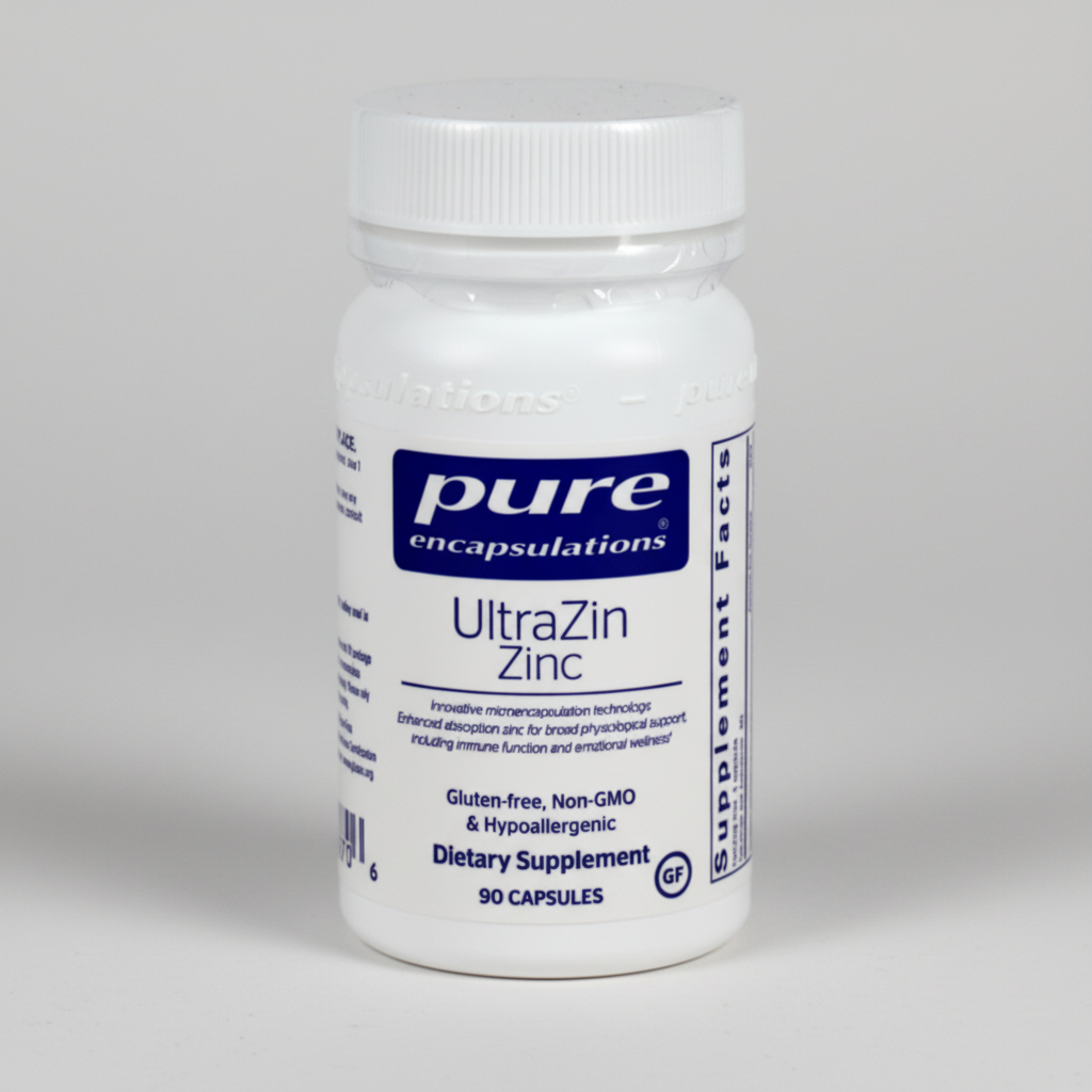 Supplement bottle labeled 'pure encapsulations UltraZin Zinc' on a white background