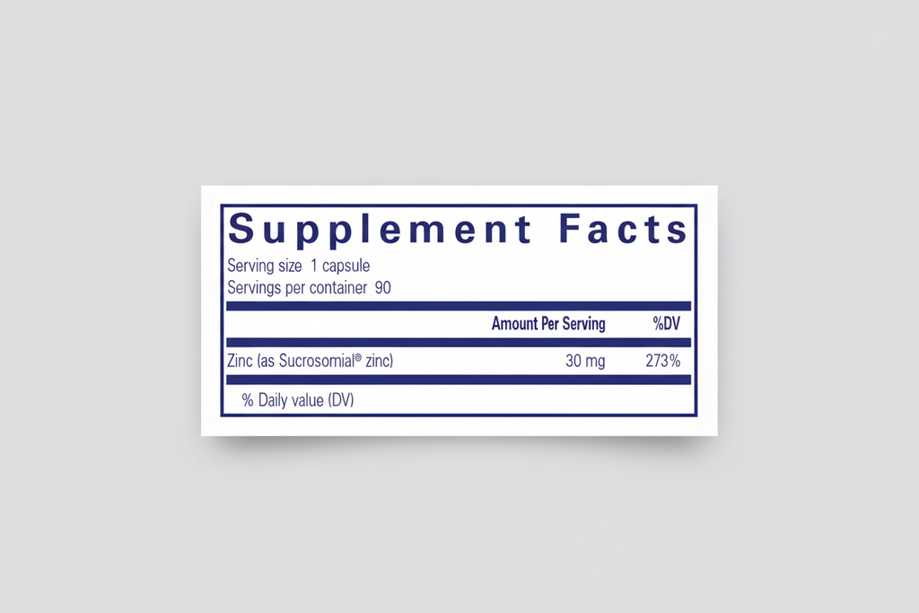 Supplement facts label with zinc content on a blue background