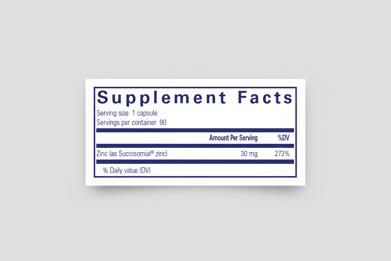 Supplement facts label with zinc content on a blue background