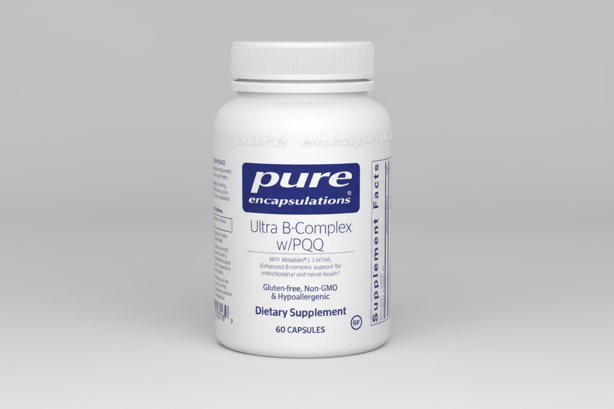 Supplement bottle labeled 'pure encapsulations Ultra B-Complex w/PQQ' on a white background