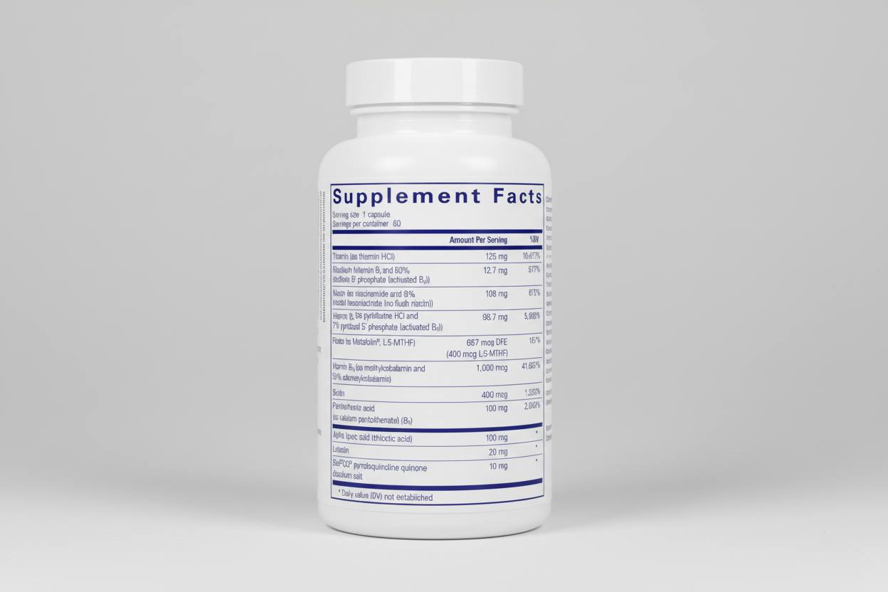 Supplement facts label with detailed nutritional information per serving