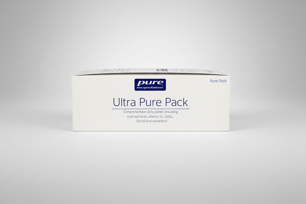 Box of pure encapsulations Ultra Pure Pack on a white background