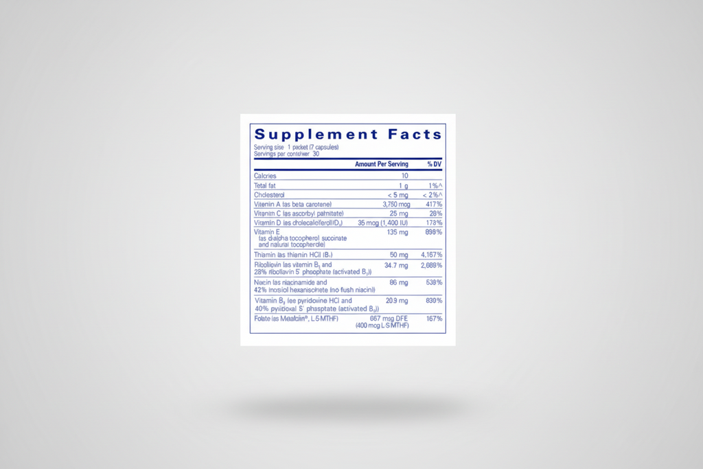 Supplement facts label with detailed nutritional information on a white background