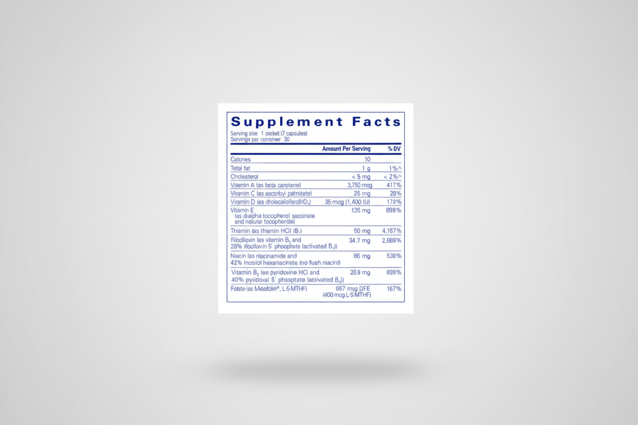 Supplement facts label with detailed nutritional information on a white background